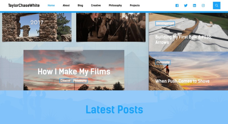 Taylor Chase’s homepage features an image-rich gallery layout that showcases all his latest posts.